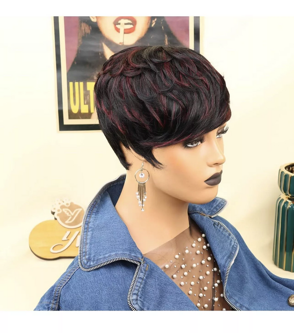 Pixie Cut Black/Wine Red Color Short Virgin Human Hair Wigs For Black Women