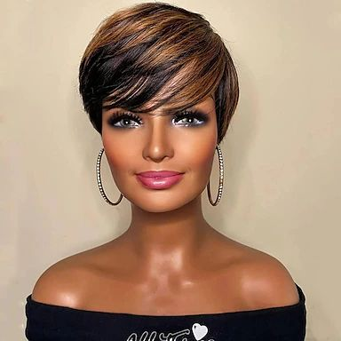 Pixie Cut Black/Gold Color Short Virgin Human Hair Wigs For Black Women