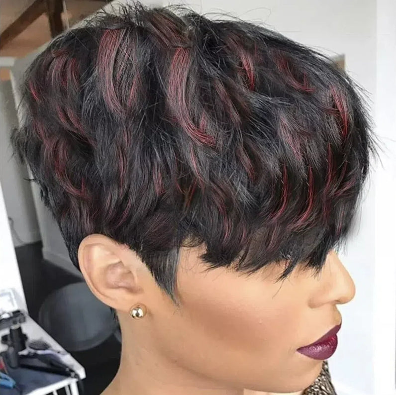 Pixie Cut Black/Wine Red Color Short Virgin Human Hair Wigs For Black Women