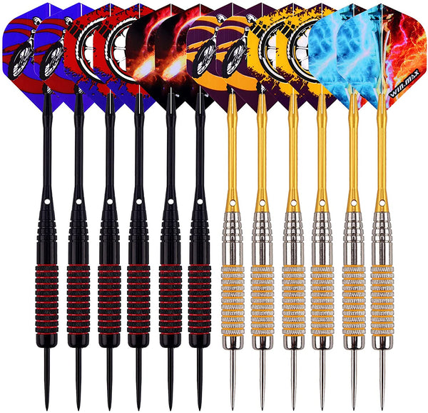 WIN.MAX Darts, Set of 12 Steel Darts Set, 24 g Professional Steel Darts with Metal Tip, Darts, Aluminium Shaft, 30 Flights, 50 Anti-Loose Rubber Rings, Steel Darts